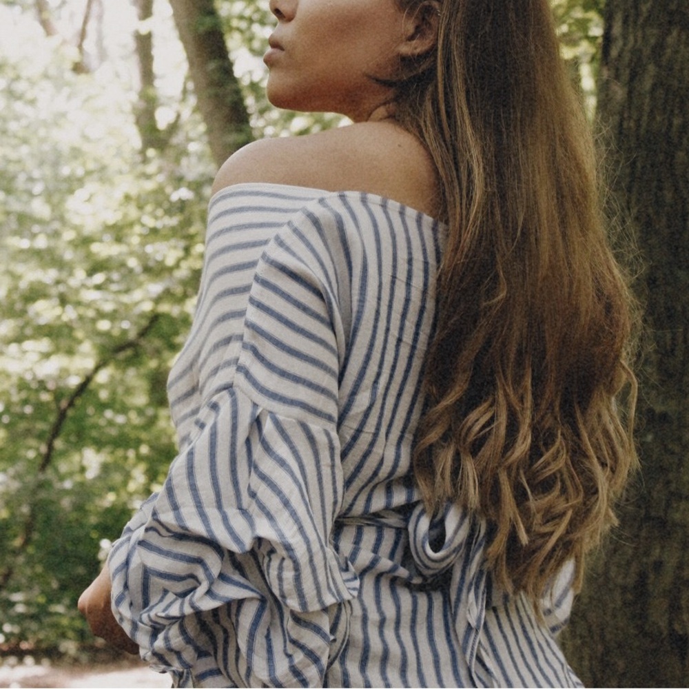 Olivaceous Navy and White Striped Blouse